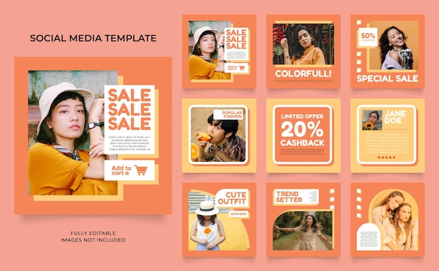 Promoção de venda de moda de banner de modelo de mídia social em cor amarela laranja totalmente editável instagram e facebook quadro quadrado quebra-cabeça cartaz de venda orgânica