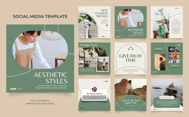 Promoção de venda de moda de banner de modelo de mídia social na cor cinza verde totalmente editável instagram e facebook post frame quadrado quebra-cabeça cartaz de venda orgânica