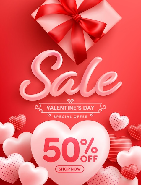 Promoção do Dia dos Namorados com 50% de desconto Cartaz ou banner com muitos corações doces e caixa de presente em vermelho
