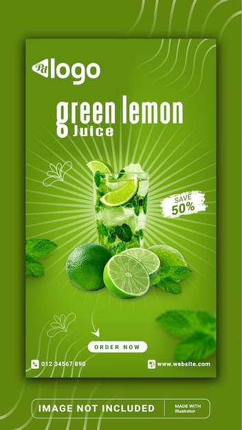 Promoção do menu de bebidas green lemon juice histórias do instagram