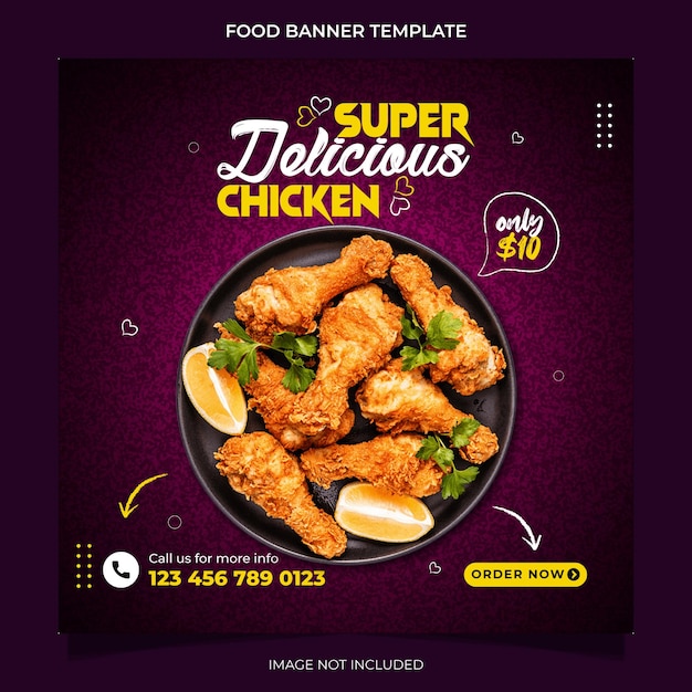 Promoção super delicious chicken e menu de comida mídia social instagram post banner template design