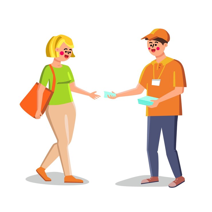 Vetor promotor dando folheto de publicidade para vetor mulher. promotor jovem dá folheto promocional e de marketing para a menina. personagem distribuindo cupom de desconto da loja ilustração plana dos desenhos animados