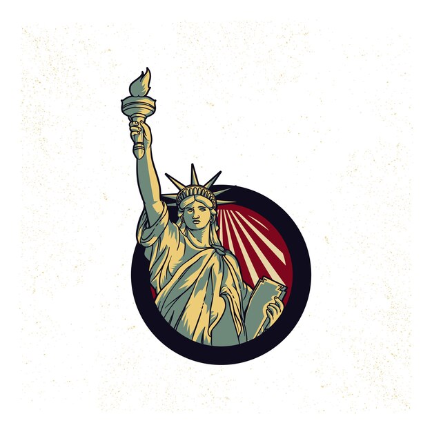 Propaganda vintage do logotipo da estátua da liberdade dos eua. americano 4 de julho. símbolos da liberdade justi