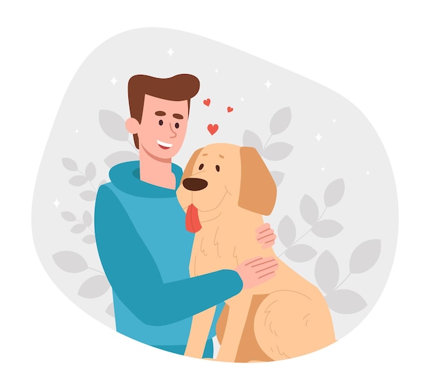 Proprietário de animal de estimação conceito abstrato jovem abraça seu cão ama-a e cuida de seu personagem masculino