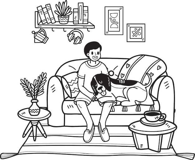 Proprietário e cachorro desenhados à mão estão dormindo na ilustração da sala no estilo doodle