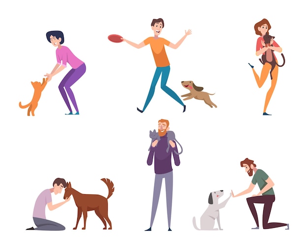 Proprietários de animais de estimação Pessoas felizes abraçando animais domésticos brincando e cuidando de ilustrações vetoriais exatas em estilo de desenho animado