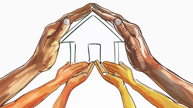 Vetor proteção da família de refugiados mãos formando casa para segurança e abrigo