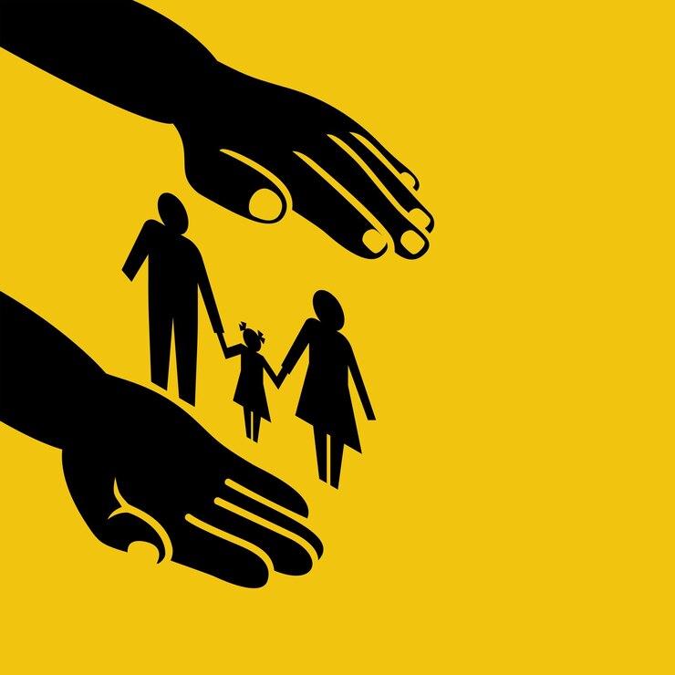 Proteção da família estilo 3d Agente de seguros segurar na mão símbolo da família vetor Segurança de cuidados de saúde