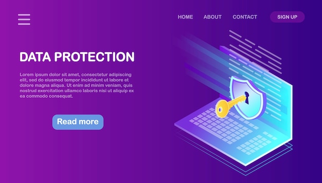 Proteção de dados. segurança na internet, acesso à privacidade com senha. computador isométrico, chave, fechadura