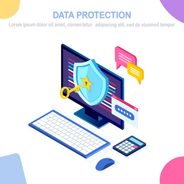 Proteção de dados. segurança na internet, acesso à privacidade com senha. isométrico computador pc com chave, bloqueio, escudo, bolha de mensagem.