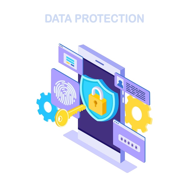 Proteção de dados. segurança na internet, acesso à privacidade com senha. telefone isométrico, chave, escudo de bloqueio