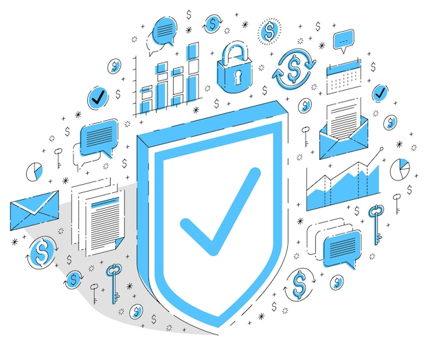 Proteção do conceito de finanças, segurança financeira, bóia salva-vidas e escudo isolado no fundo branco. ilustração em vetor negócios isométrica 3d com ícones, gráficos de estatísticas e elementos de design.
