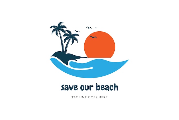 Proteger salvar vetor de design de logotipo de praia tropical de mão
