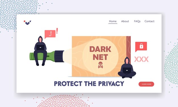 Proteja a privacidade no modelo de página de destino dark net. personagens de hackers com capuz preto sentado na lanterna com o laptop, pesquisando informações sobre drogas ocultas no darknet. ilustração em vetor desenho animado