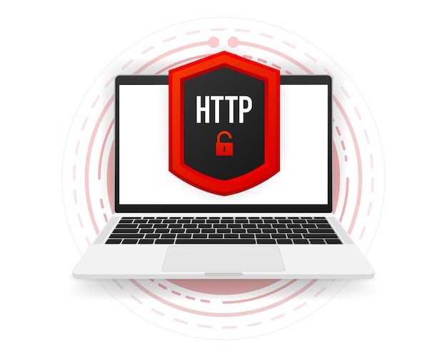 Protocolos https e http, navegação segura na web e criptografia de dados. ilustração em vetor de banner de computador.