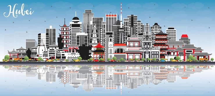 Vetor província de hubei na china city skyline com céu azul de edifícios cinza e reflexões