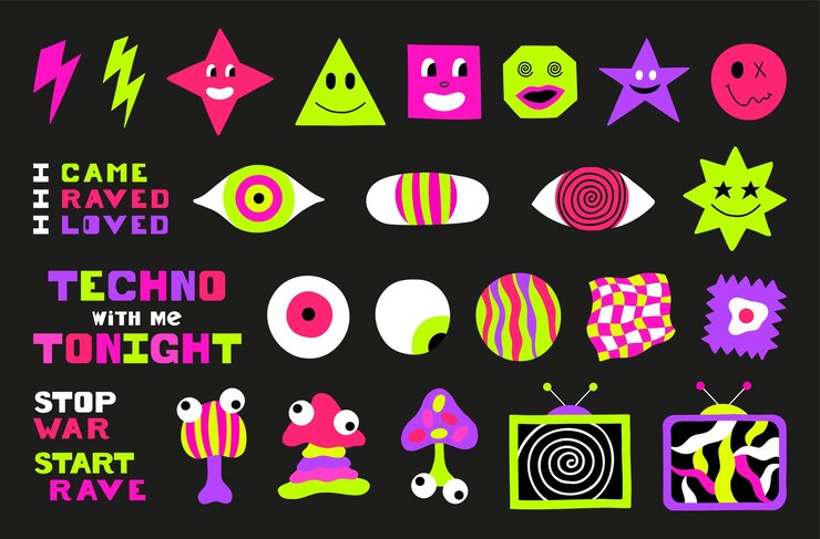 Psicodélico trippy acid rave grande conjunto objetos de personagens abstratos na moda em estilo cartoon 60s 70s