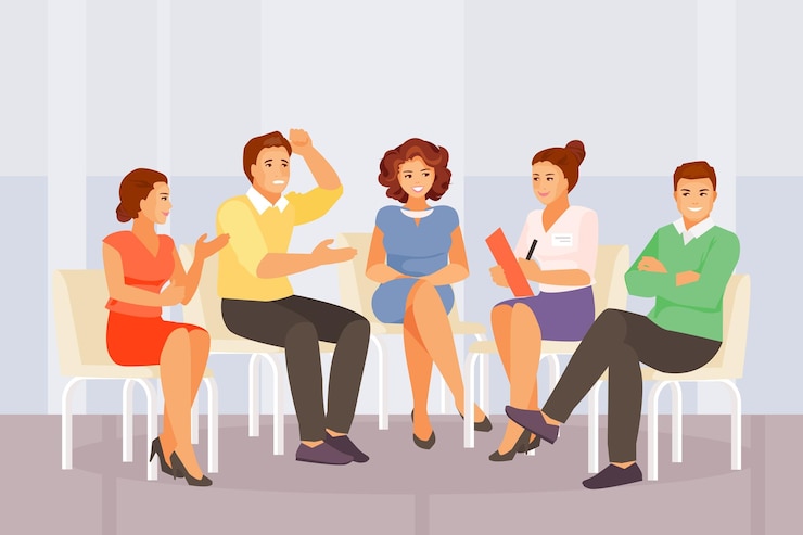 Vetor psicóloga feminina trabalhando com um grupo de pessoas terapia e apoio em grupo