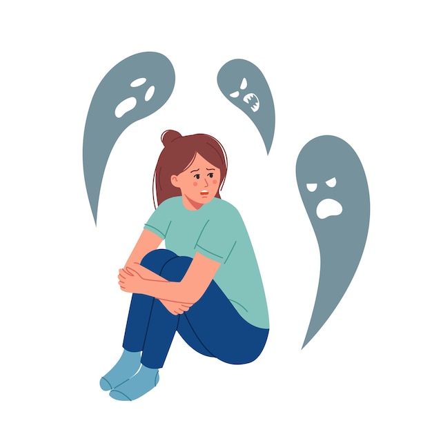 Vetor psicologia ataque de pânico fobia frustração mulher sentada e se sentindo mal com medos de fantasmas