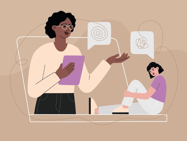 Psicólogo ajudando o paciente por videochamada online, consulta com mulher deprimida e triste. uma menina com um problema conversa com um psicanalista, serviço de linha de apoio. ilustração vetorial moderna