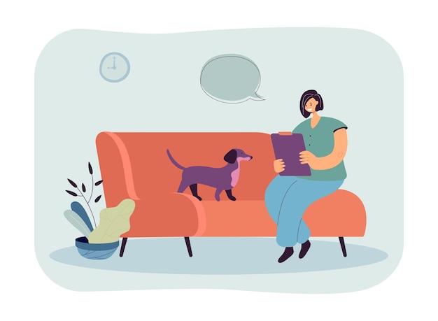 Psicólogo animal sentado no sofá com dachshund. Mulher ajudando o cão através da ilustração vetorial plana de terapia. Cuidados com animais, animais de estimação, conceito de saúde para banner, design de site ou página de destino