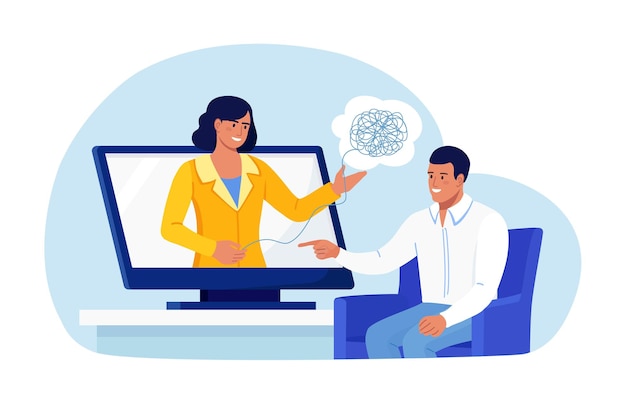 Psicoterapia online. O médico psicólogo ajuda o paciente a desvendar pensamentos emaranhados. Problemas psicológicos, transtorno mental, tratamento do estresse, vícios. Aconselhamento psicológico