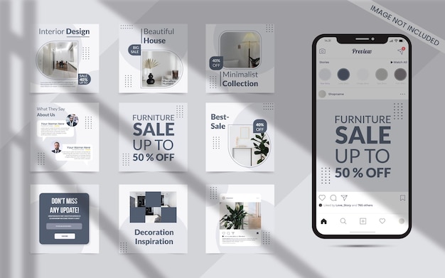 Vetor publicação de banner de mídia social de ideias de conteúdo para venda de promoção de design de interiores de móveis minimalistas do instagram com modelo de foto editável