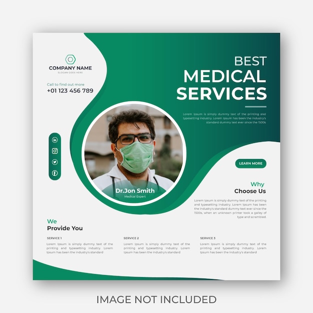 Publicação de mídia social médica design de modelo de anúncios para saúde, médico instagram banner design