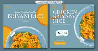 Vetor publicação ou folheto de mídia social com frango briyani rice