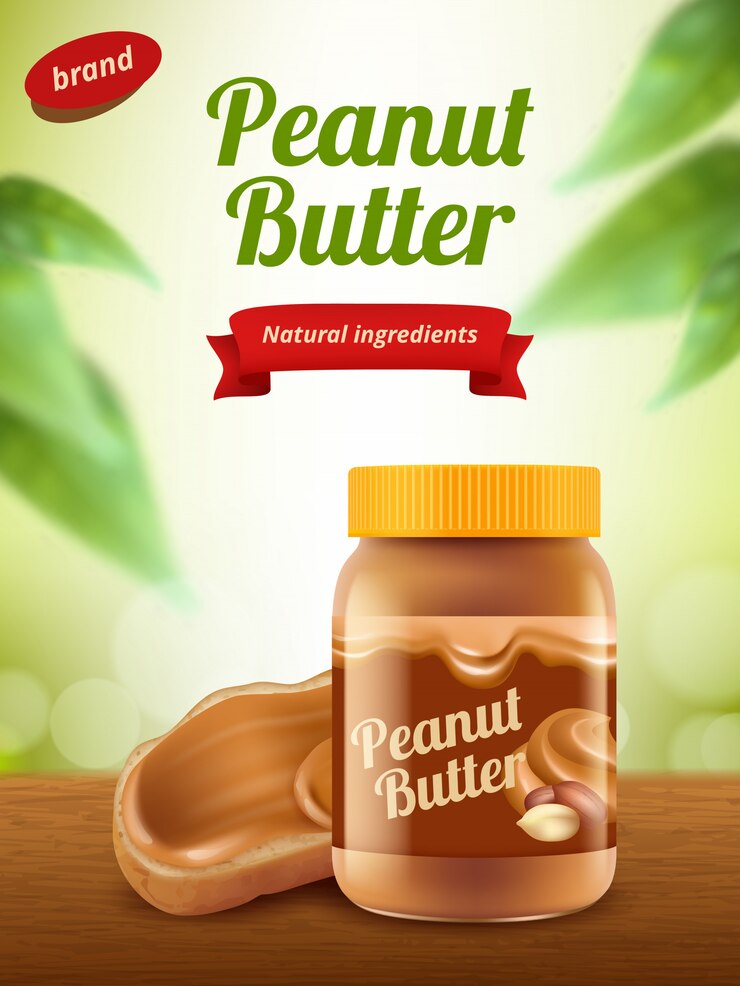 Vetor publicidade com manteiga de amendoim. cartaz de comida cremosa saudável chocolate doce ou modelo de banner realista de cartaz
