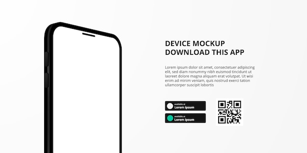 Publicidade de banner de página de destino para download de aplicativo para celular, maquete de dispositivo de smartphone 3d. botões de download com modelo de código qr de digitalização.