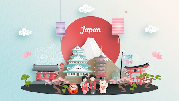 Publicidade de viagens com viagens ao conceito de japão com o famoso marco japonês