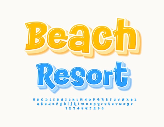 Publicidade vetorial poster beach resort creative blue font 3d letras e números do alfabeto engraçado