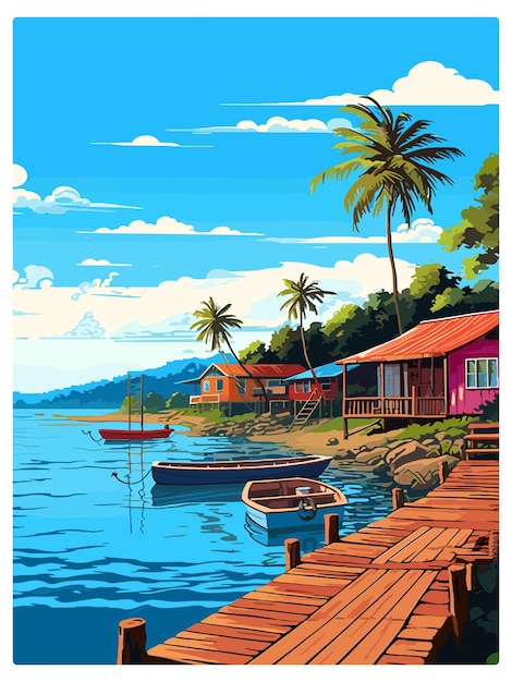 Vetor puerto viejo de talamanca costa rica poster de viagem vintage souvenir cartão postal pintura de retrato wpa