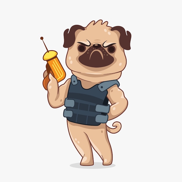 Pug de cachorro de personagem vetorial em armadura corporal em estilo cartoon