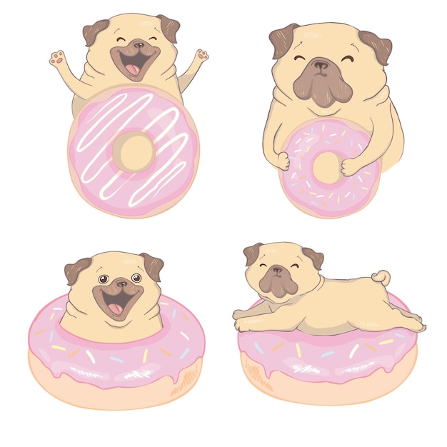 Vetor pug e donut desenho de mão ilustração design vetorial