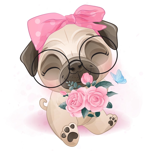 Pug pequeno bonito segurando uma rosas