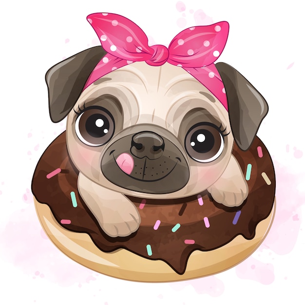 Pug pequeno bonito sentado dentro de rosquinha