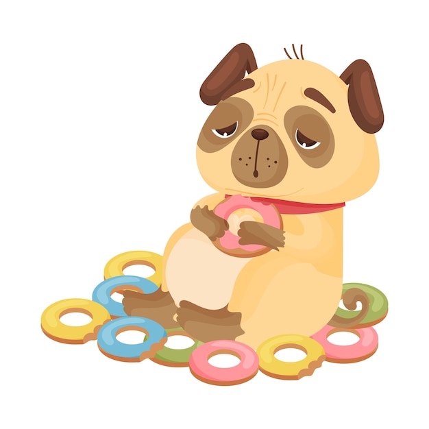 Pug senta-se numa pilha de donuts multicoloridos ilustração vetorial sobre fundo branco