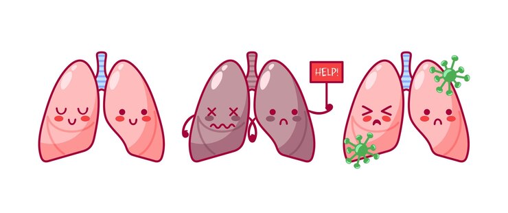 Vetor pulmões conjunto de personagens de desenhos animados bonitos no estilo kawaii fumantes saudáveis órgão viral