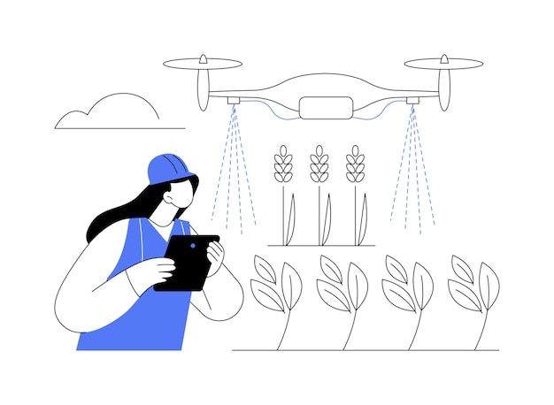 Vetor pulverização drone abstrato conceito vetor ilustração agricultor com laptop controla drones agrícolas no campo tecnologia de cultivo moderna robótica coleta de dados metáfora abstrata