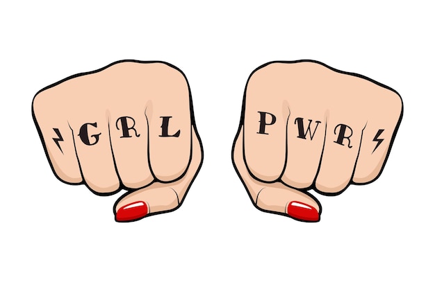 Punho feminino com tatuagem Girl Power nos dedos, vista frontal de um punho de mulher com tatuagem e polonês