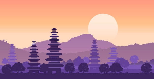 Pura ulan danu famoso pagode da indonésia na ilha de bali em ilustração vetorial de design de silhueta