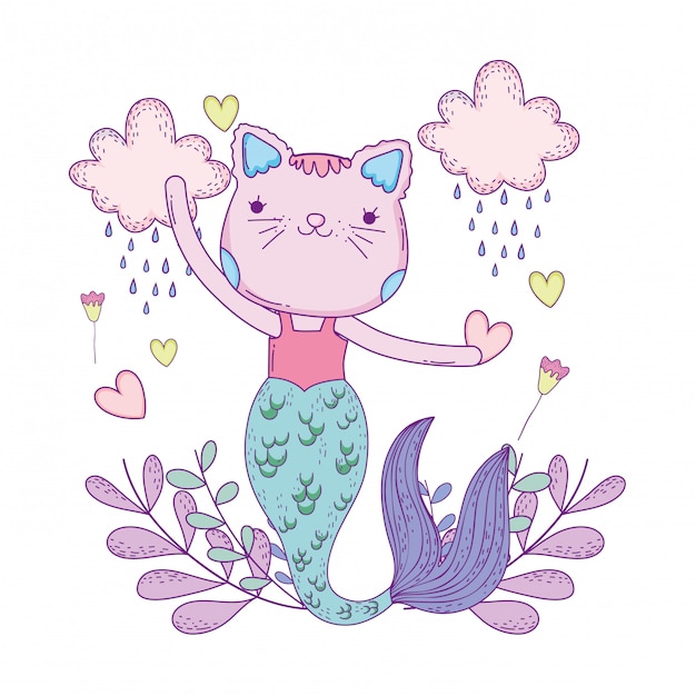 Purrmaid com nuvens e decoração floral