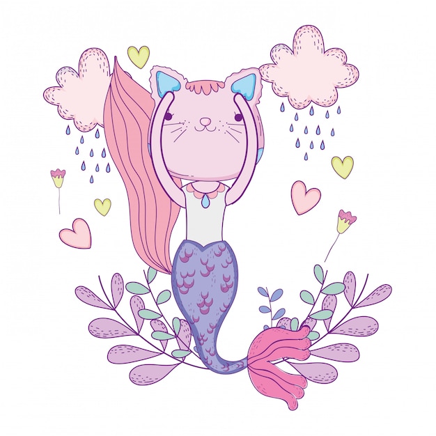 Purrmaid com nuvens e decoração floral