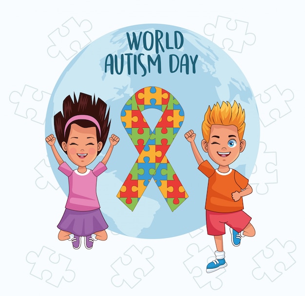 Puzle dia mundial do autismo crianças com quebra-cabeça planeta e fita do mundo