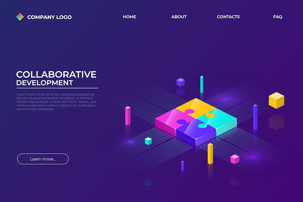 Puzzle 3D Tecnologia de Parceria Infográfico para startups Colaboração para o desenvolvimento Construção de quebra-cabeças de negócios Modelo de design de site Conceito isométrico vetorial