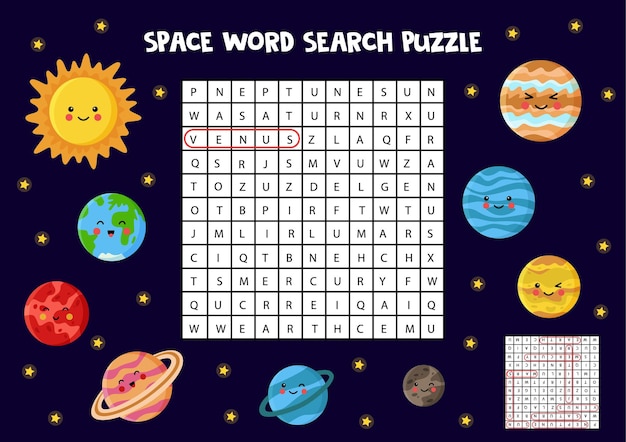 Puzzle de busca de palavras no espaço para crianças. encontre nomes de planetas do sistema solar.