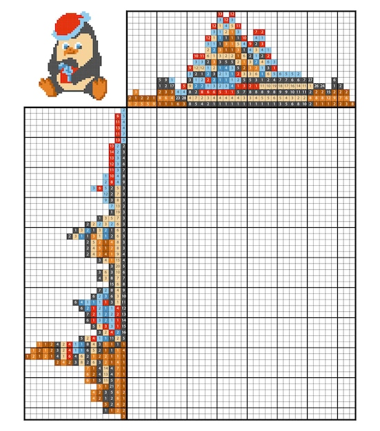 Vetor puzzle de pintar por número (nonogram), jogo educacional para crianças, penguin