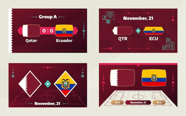 Qatar vs equador futebol 2022 grupo a partida do campeonato da competição mundial de futebol contra equipes intro esporte fundo competição campeonato final cartaz ilustração vetorial